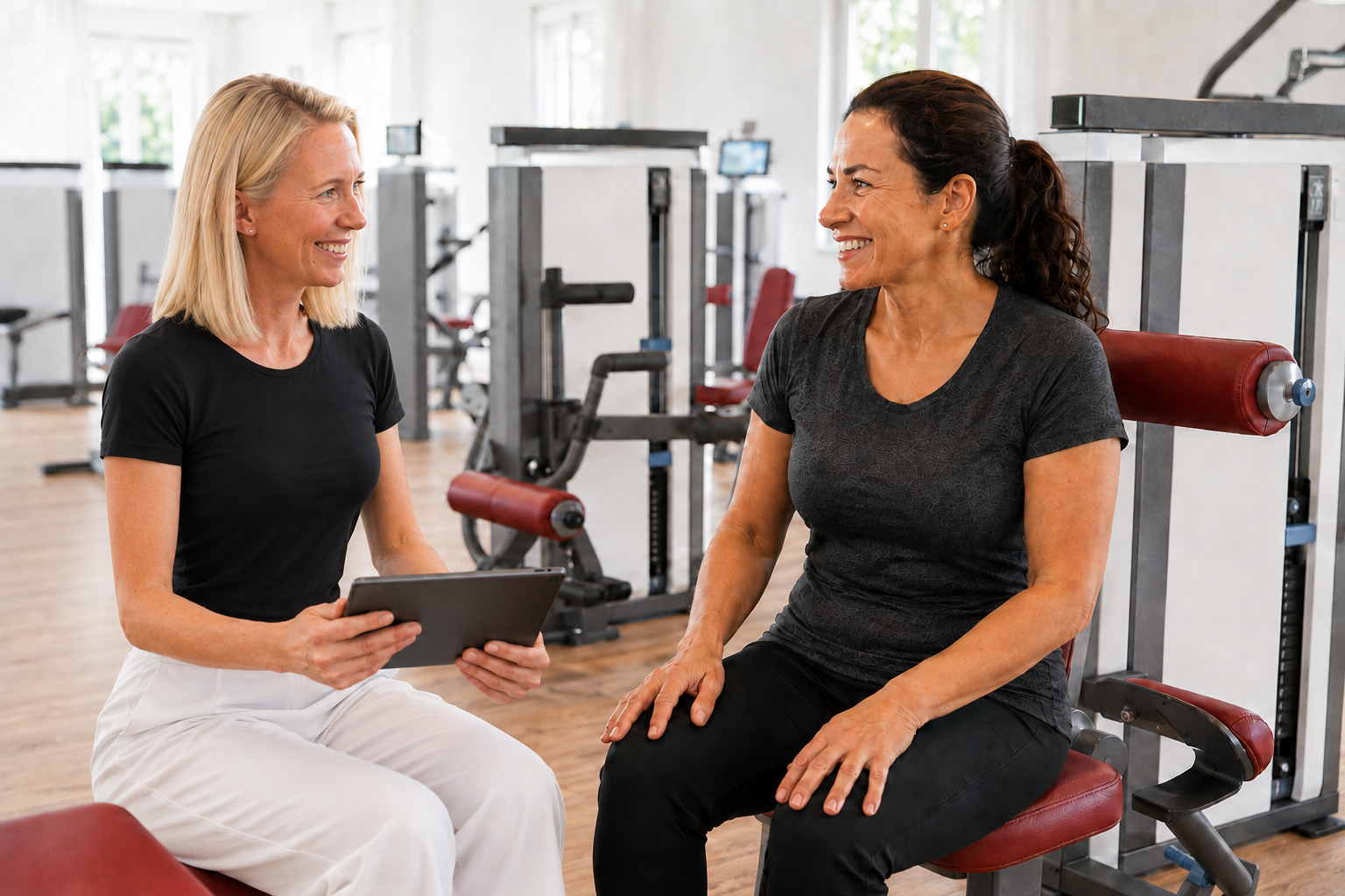 Trainerin begleitet eine Frau persönlich beim Krafttraining